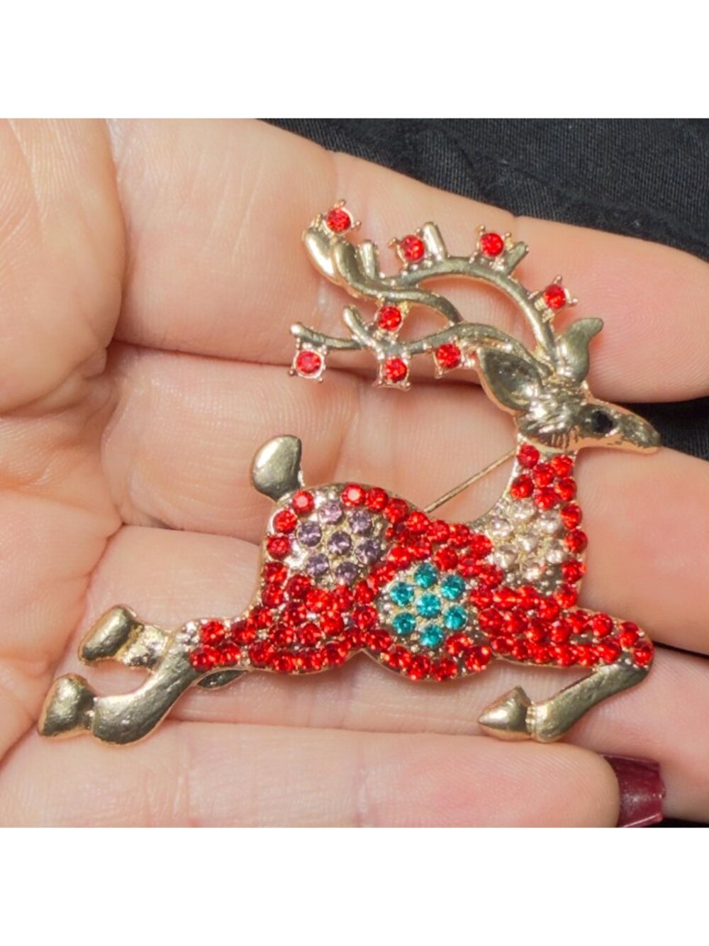 Rhinestone Reindeer Brooch Red Turquoise Christmas Pin